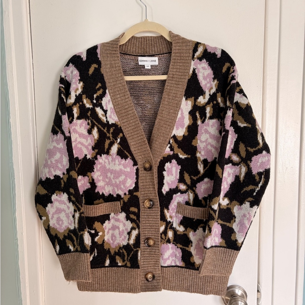 Pink Floral V-Neck Cardigan Sweater